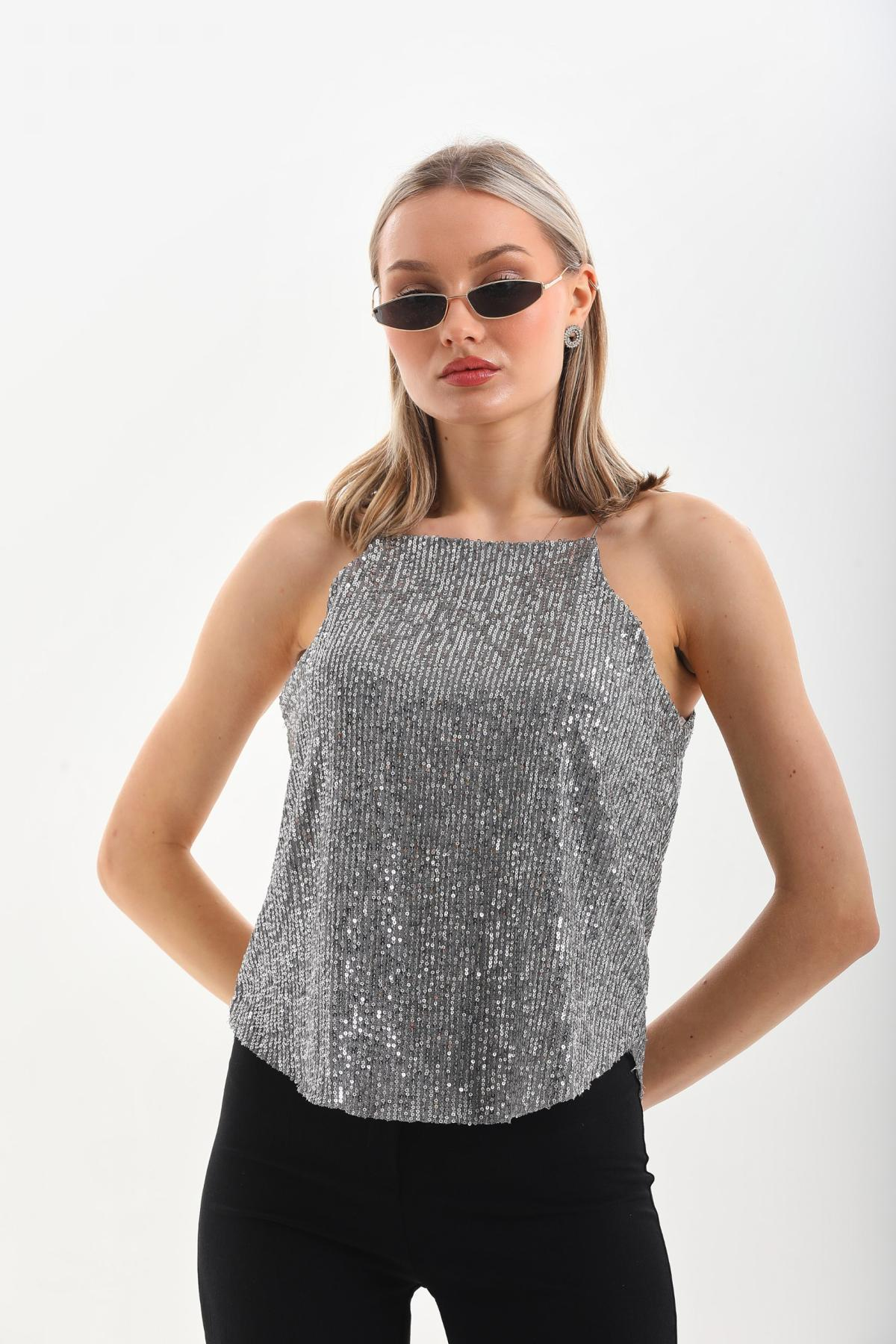 Women sleeveless sequin blouse wholesale Dark Silver color 696268