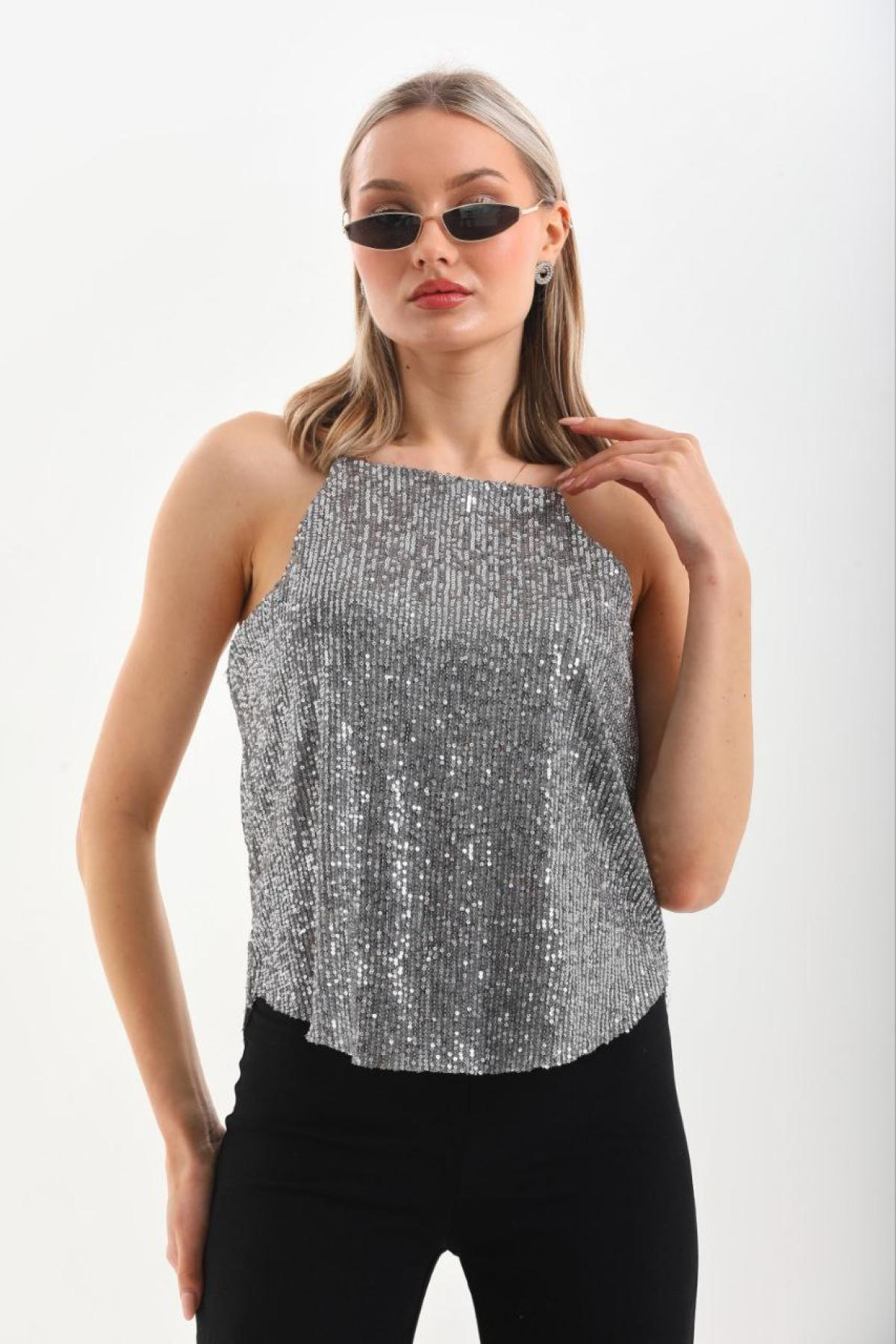 Women sleeveless sequin blouse wholesale Dark Silver color 696268