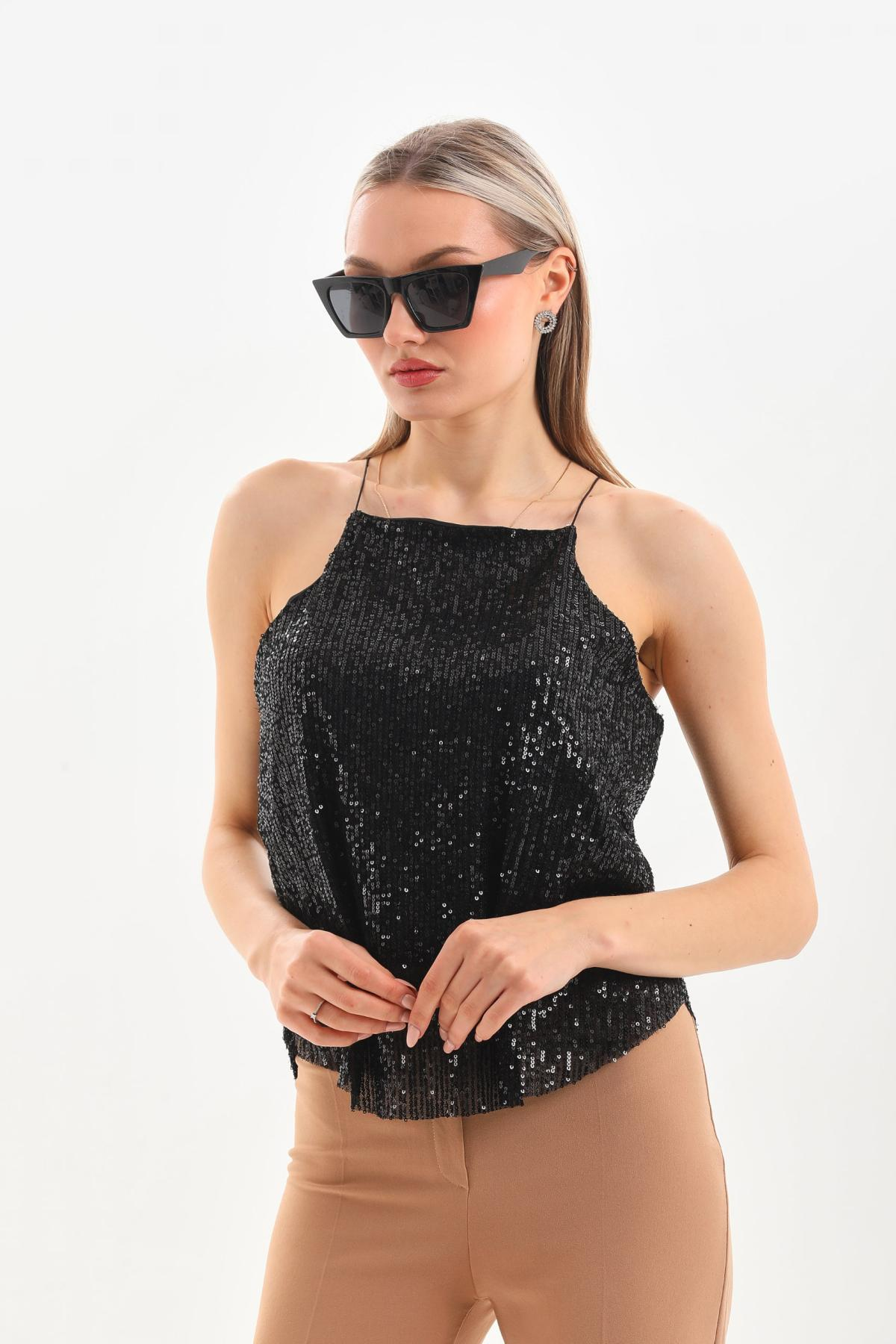 Women sleeveless sequin blouse wholesale Black color 696265