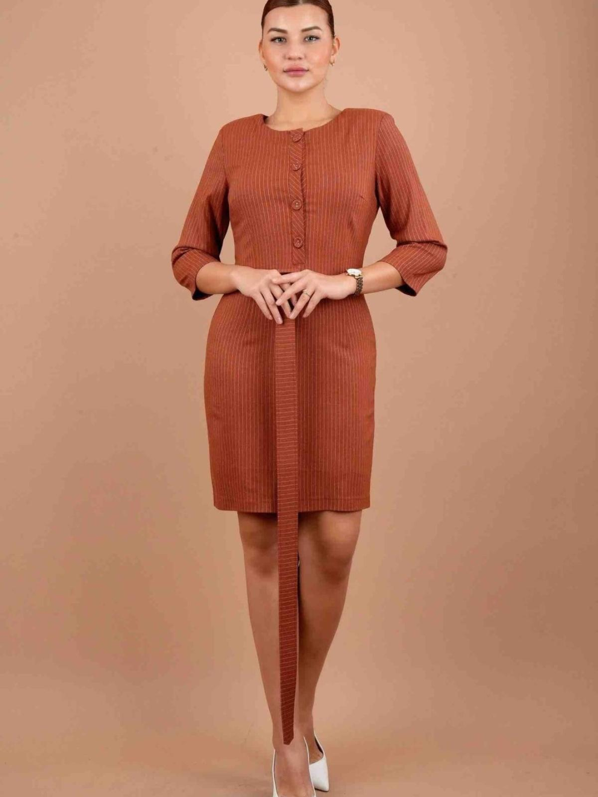 Women striped mini dress with belt wholesale Camel color 669279
