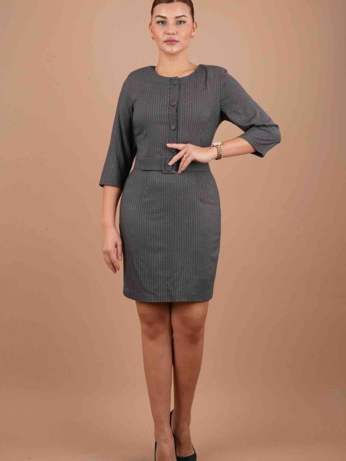 Women striped mini dress with belt wholesale Dark Gray color 669280