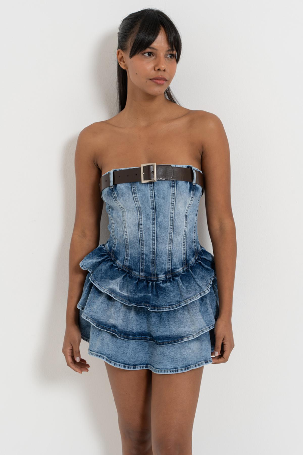 Women tiered-ruffle denim mini dress wholesale Ice Blue color 692705