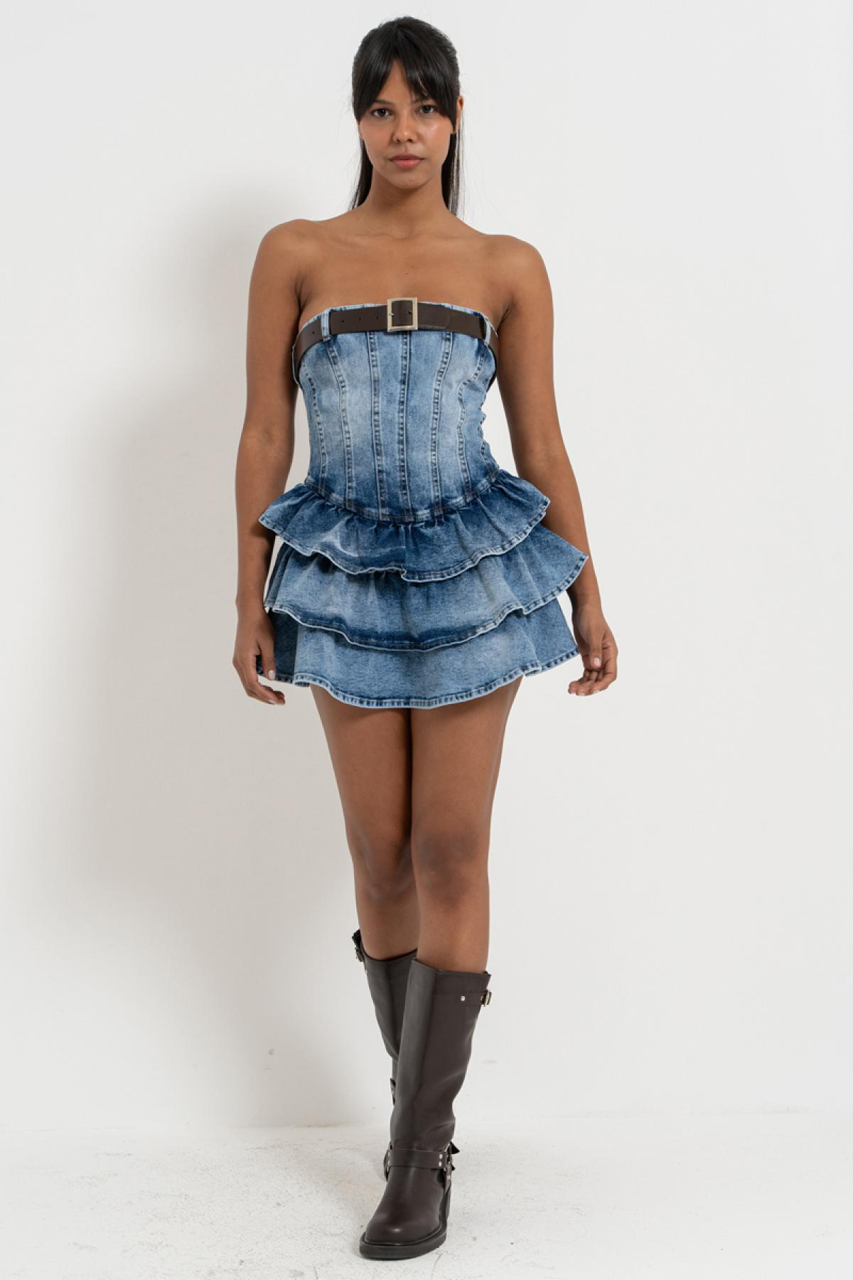 Women tiered-ruffle denim mini dress wholesale Ice Blue color 692705