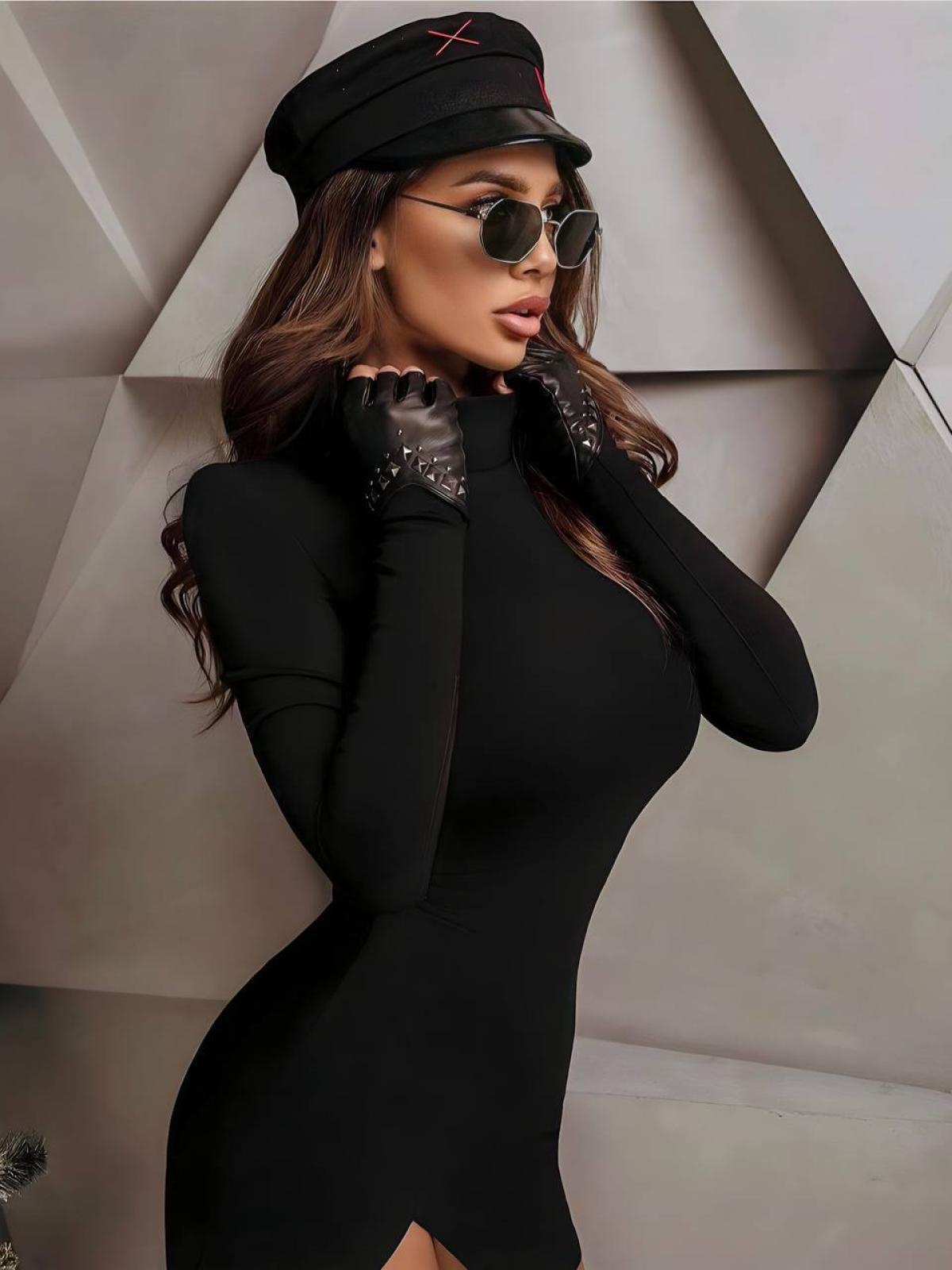 Women turtleneck mini dress wholesale Black color 673637