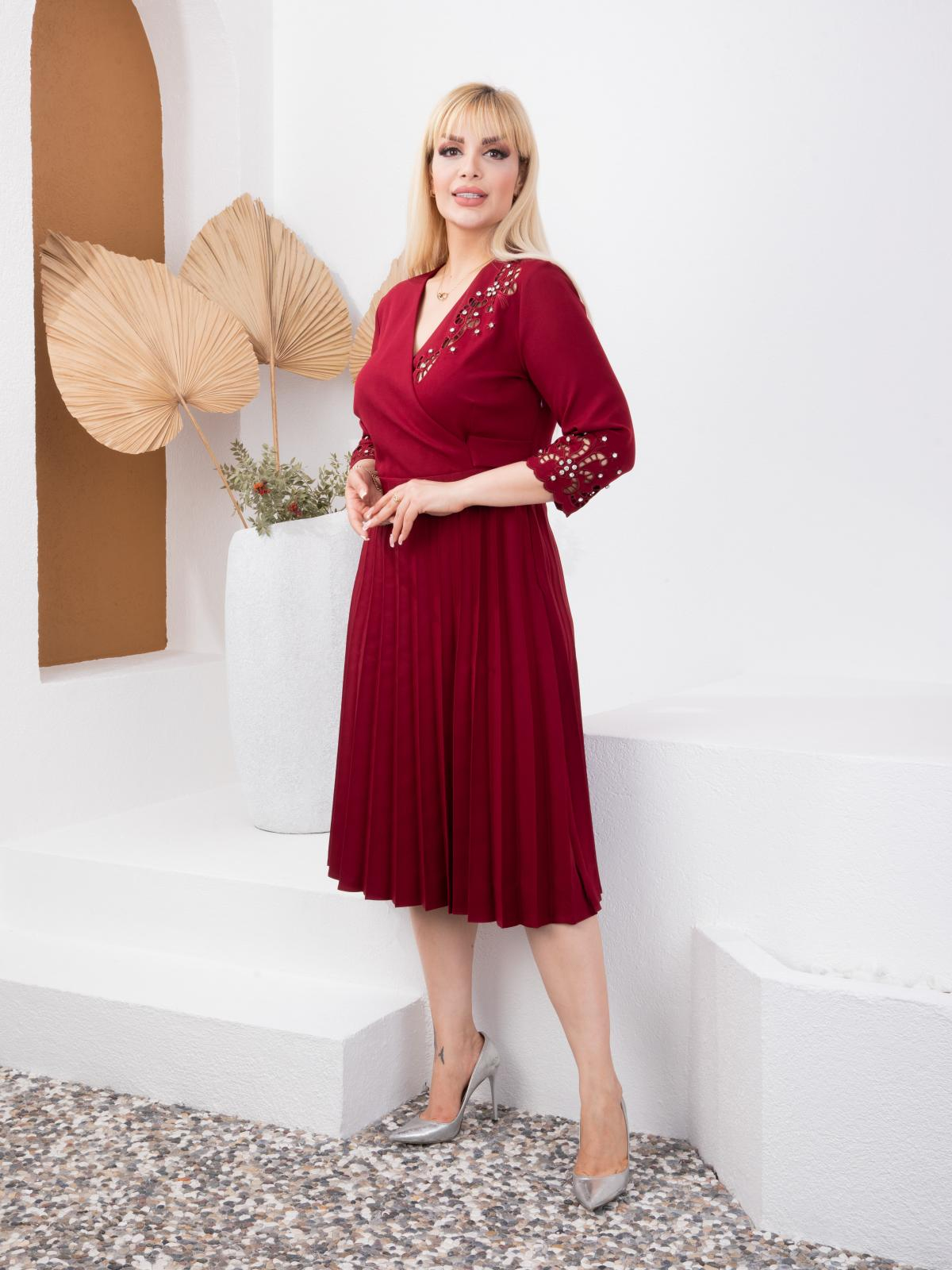 Women v-neck midi dress with rhinestones wholesale Red color 668920