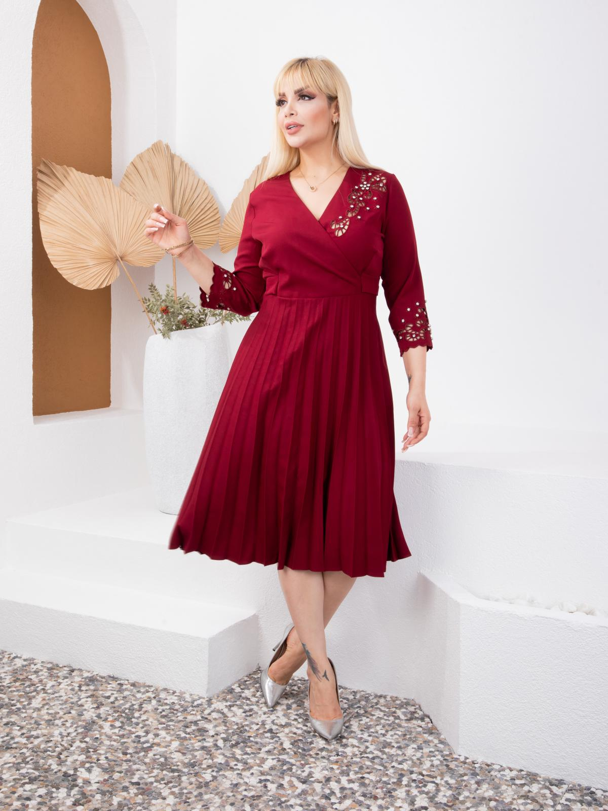 Women v-neck midi dress with rhinestones wholesale Red color 668920