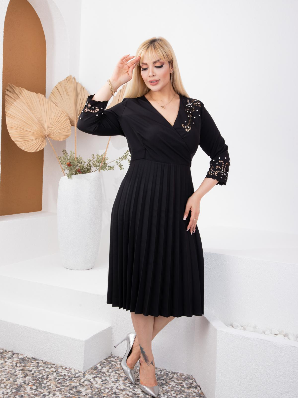 Women v-neck midi dress with rhinestones wholesale Black color 668922