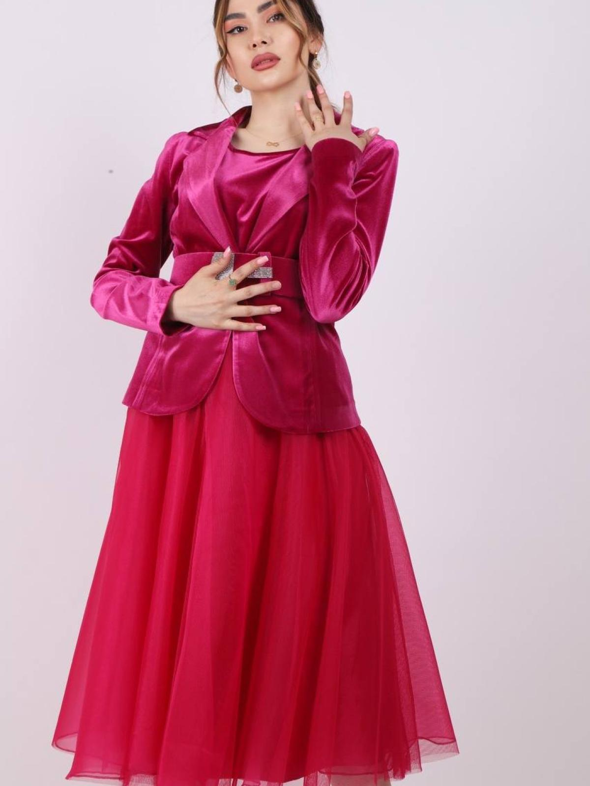 Women velvet blazer and chiffon midi dress wholesale Barbie Pink color