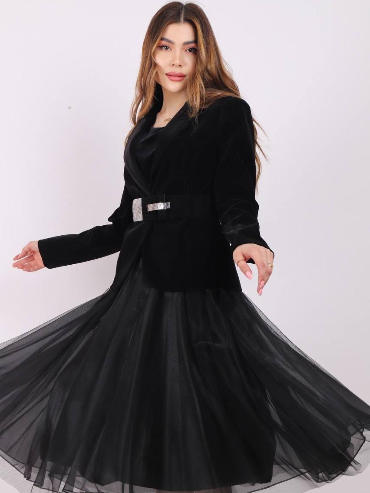 Women velvet blazer and chiffon midi dress wholesale Black color