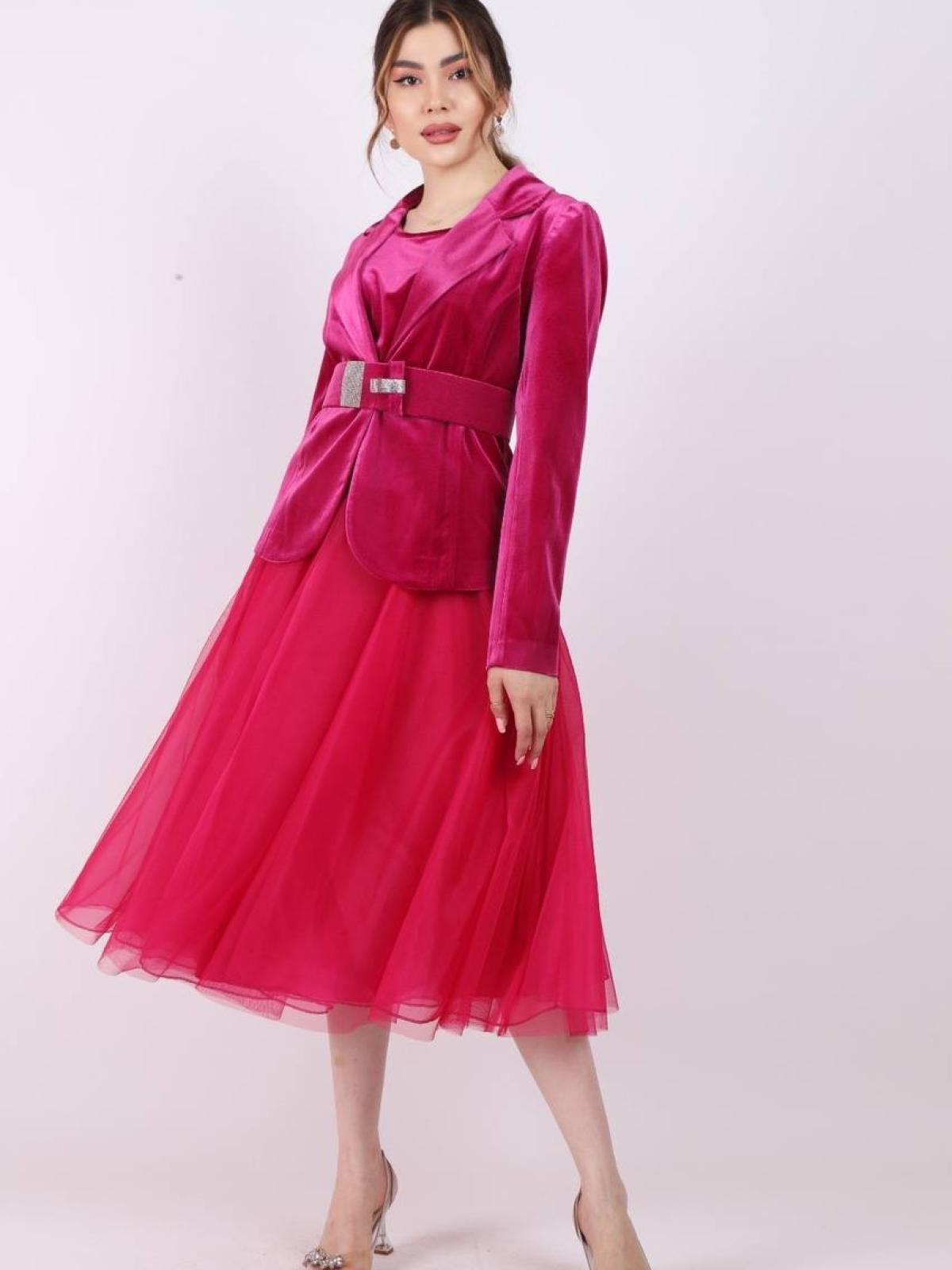 Women velvet blazer and chiffon midi dress wholesale Barbie Pink color