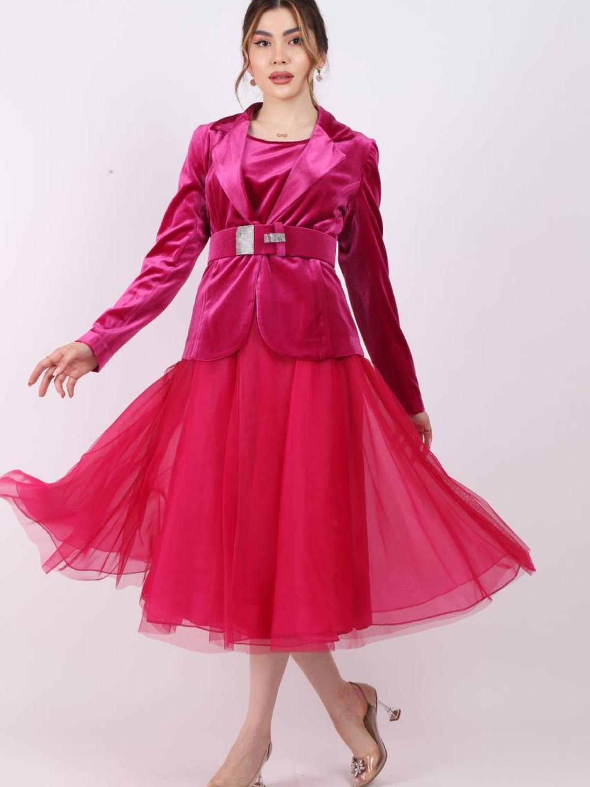 Women velvet blazer and chiffon midi dress wholesale Barbie Pink color