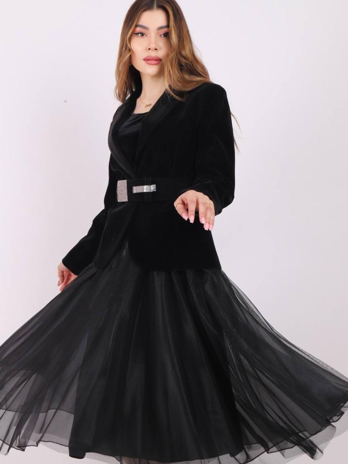 Women velvet blazer and chiffon midi dress wholesale Black color