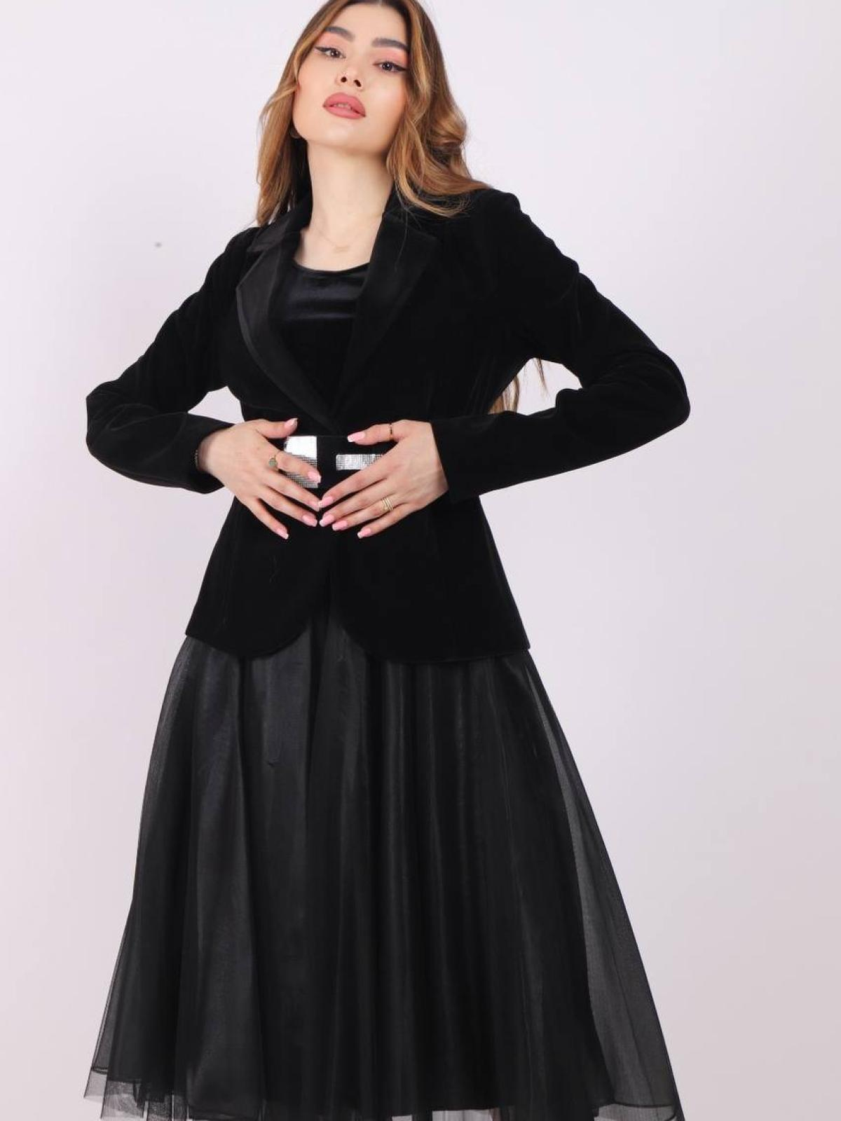 Women velvet blazer and chiffon midi dress wholesale Black color