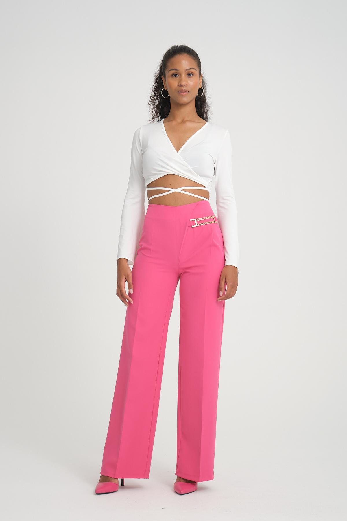 Women wide leg pants with chain detail wholesale Fuchsia color 696832
