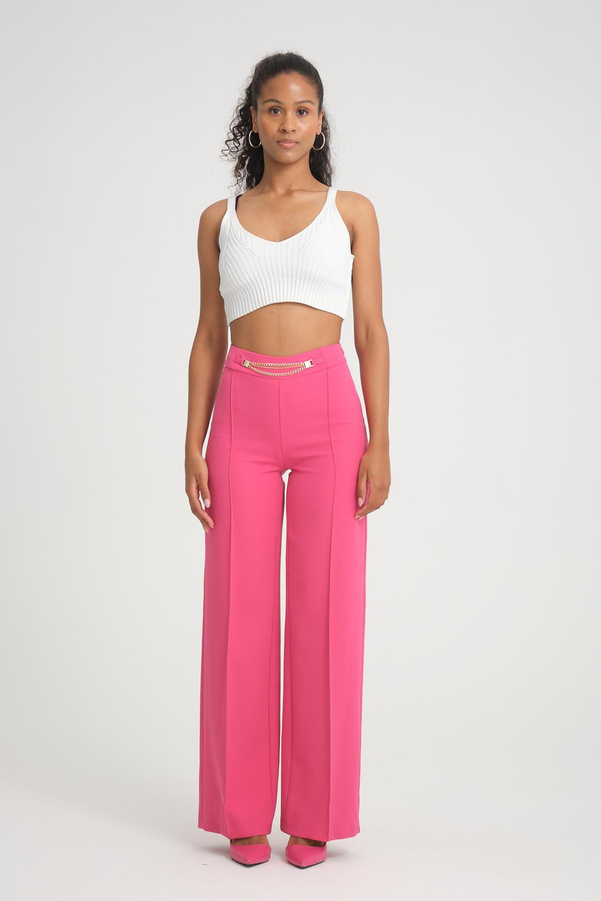 Women wide leg pants with chain detail Plus size wholesale Fuchsia color 696867