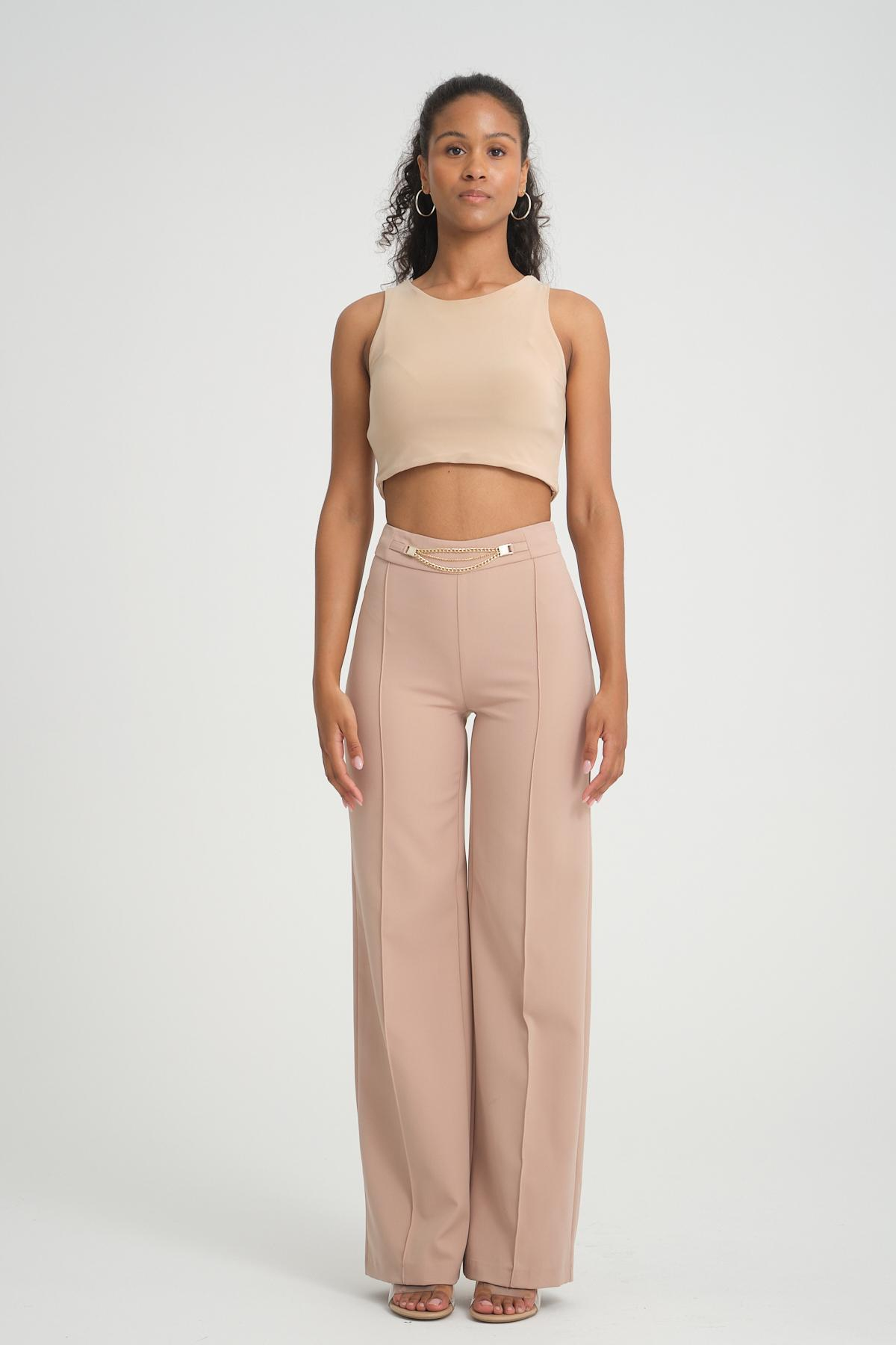 Women wide leg pants with chain detail wholesale Beige color 696857
