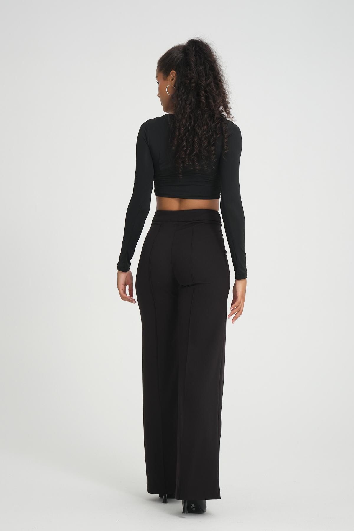 Women wide leg pants with chain detail Plus size wholesale Black color 696860