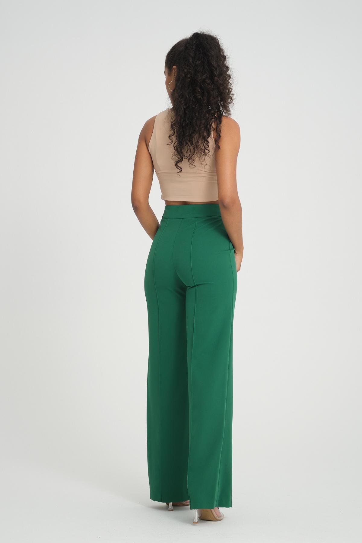 Women wide leg pants with chain detail Plus size wholesale Emerald Green color 696865