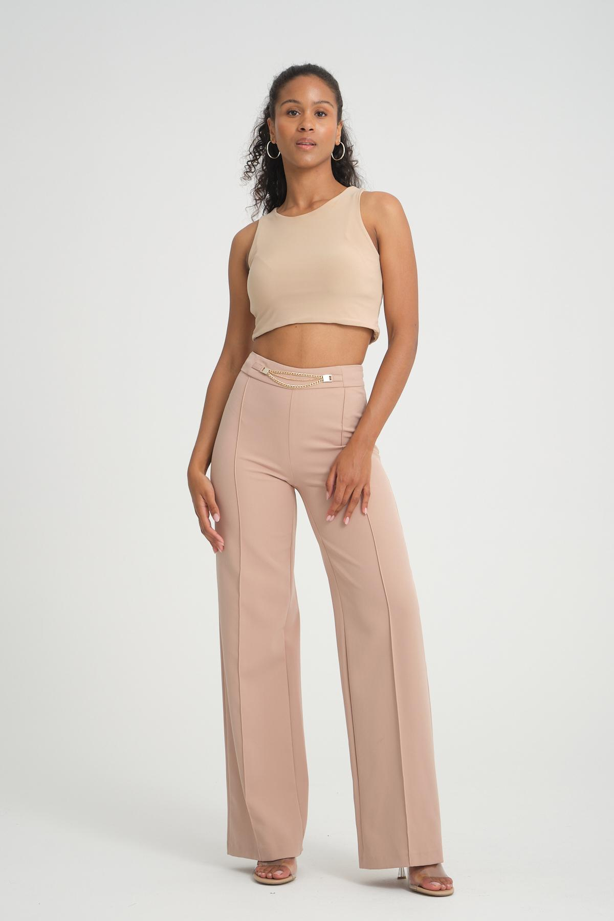 Women wide leg pants with chain detail wholesale Beige color 696857