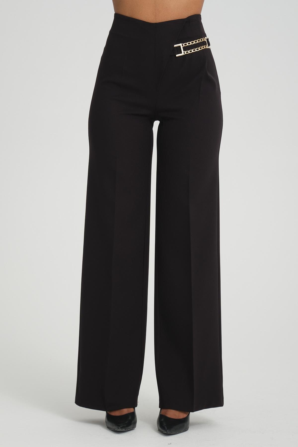 Women wide leg pants with chain detail Plus size wholesale Black color 696839