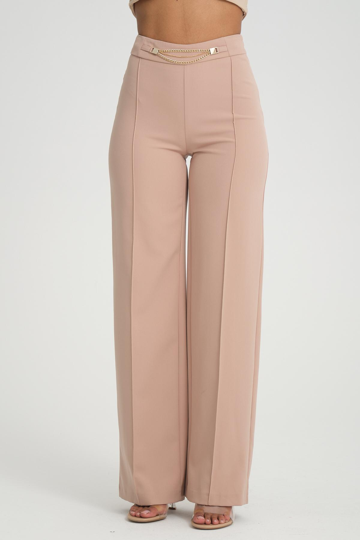 Women wide leg pants with chain detail Plus size wholesale Beige color 696864