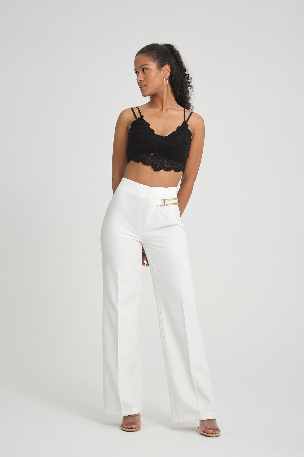 Women wide leg pants with chain detail wholesale White color 696829