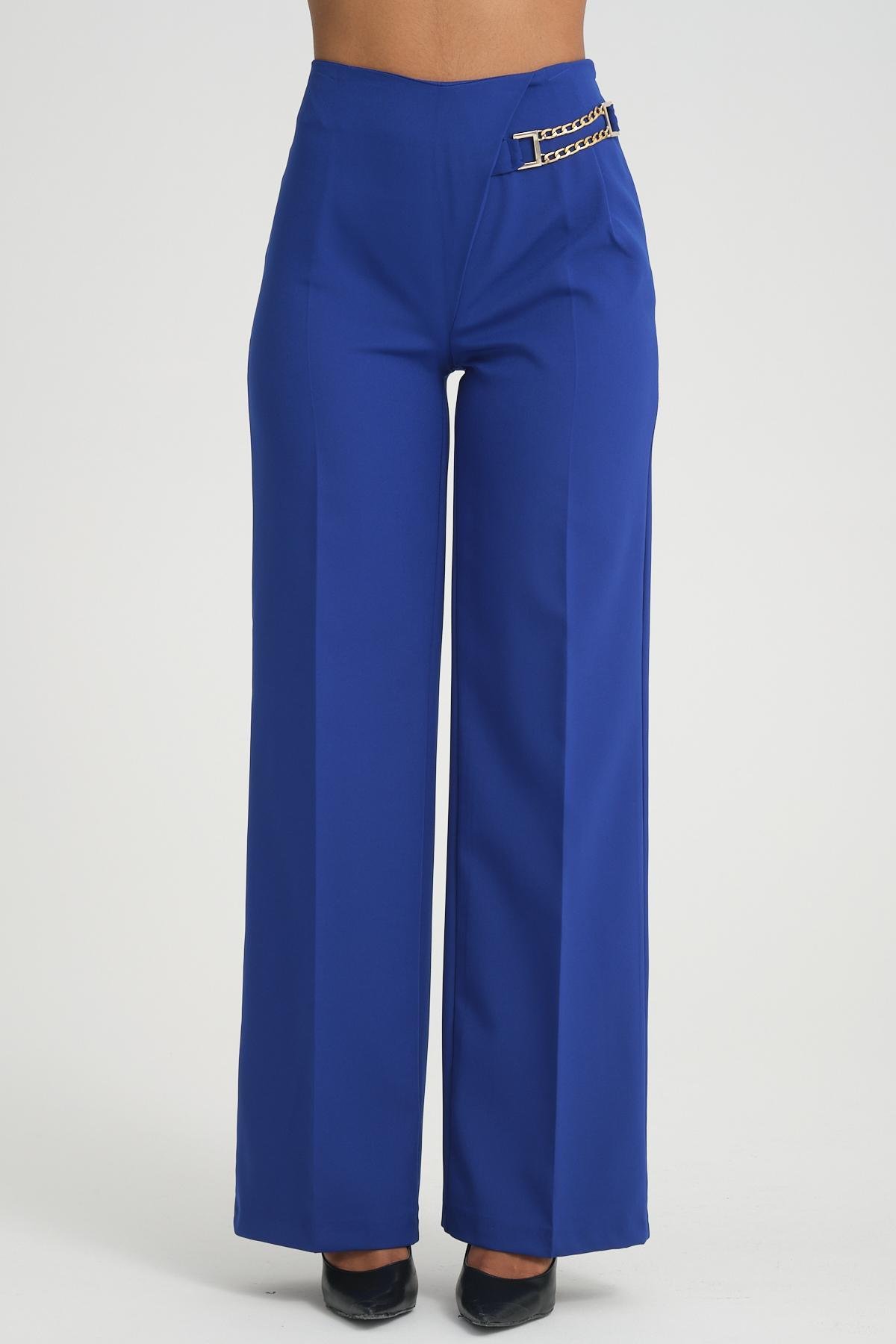 Women wide leg pants with chain detail wholesale Sax Blue color 696837