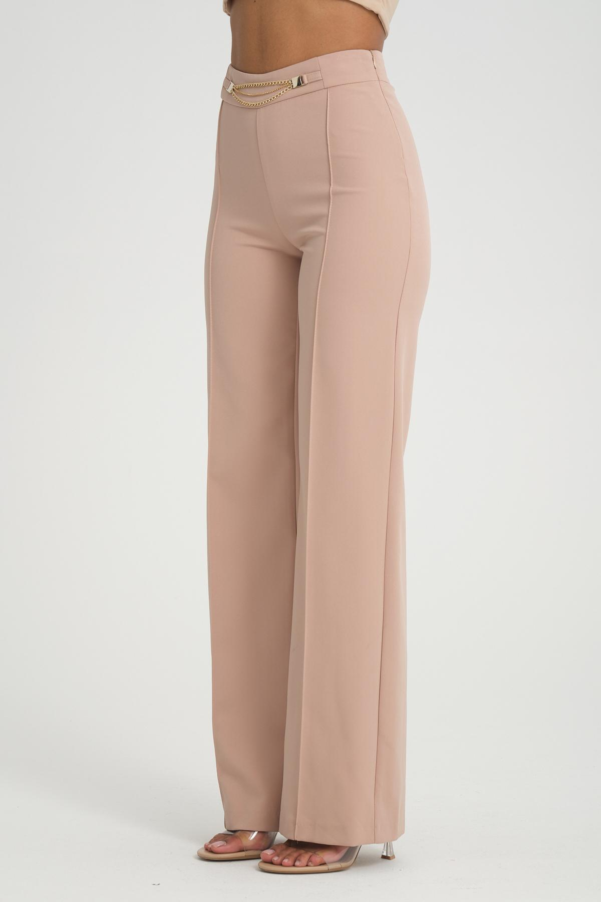 Women wide leg pants with chain detail Plus size wholesale Beige color 696864