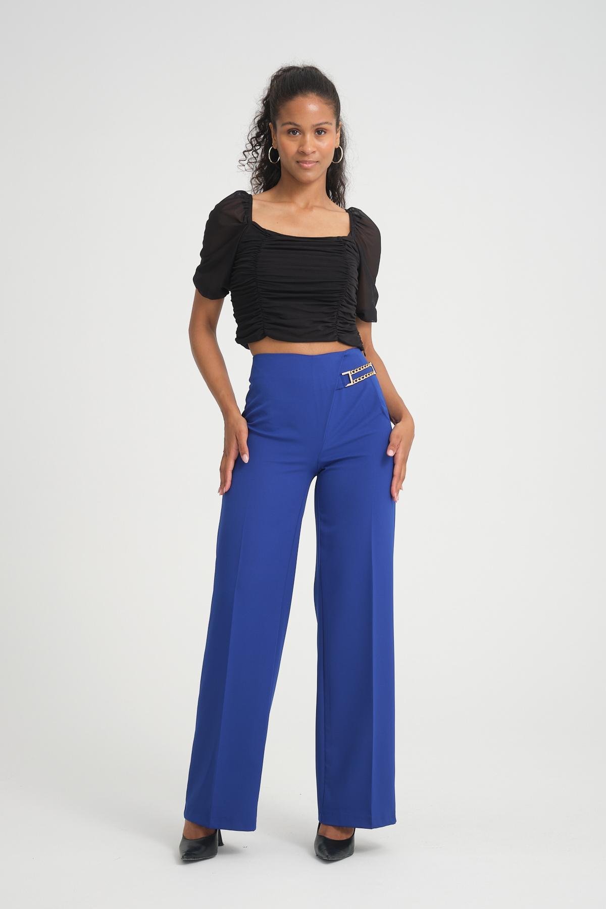 Women wide leg pants with chain detail Plus size wholesale Sax Blue color 696849