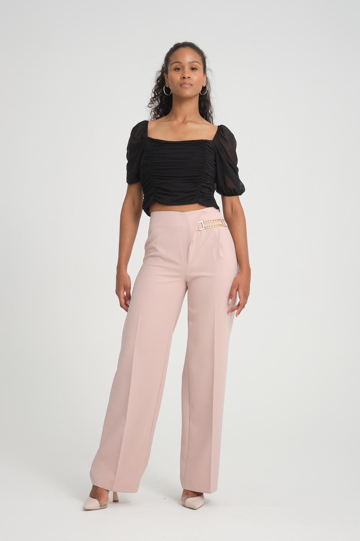 Women wide leg pants with chain detail wholesale Powder color 696831