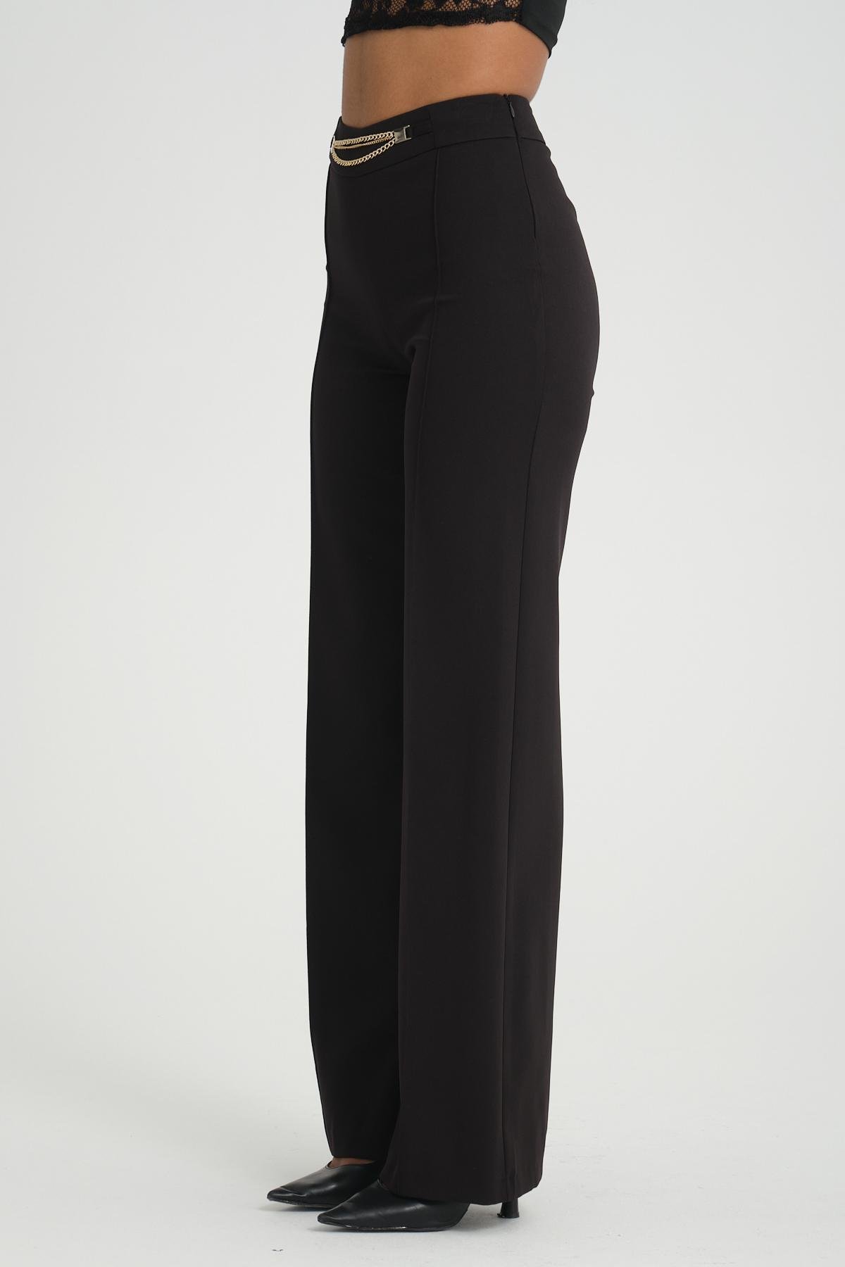 Women wide leg pants with chain detail Plus size wholesale Black color 696860