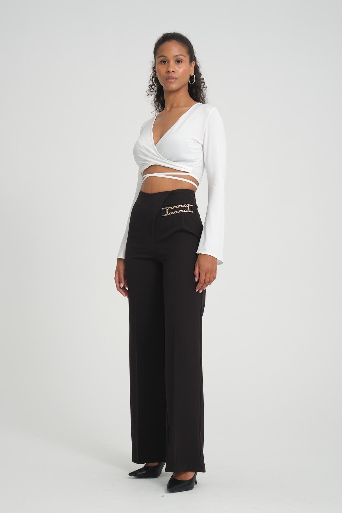 Women wide leg pants with chain detail Plus size wholesale Black color 696839