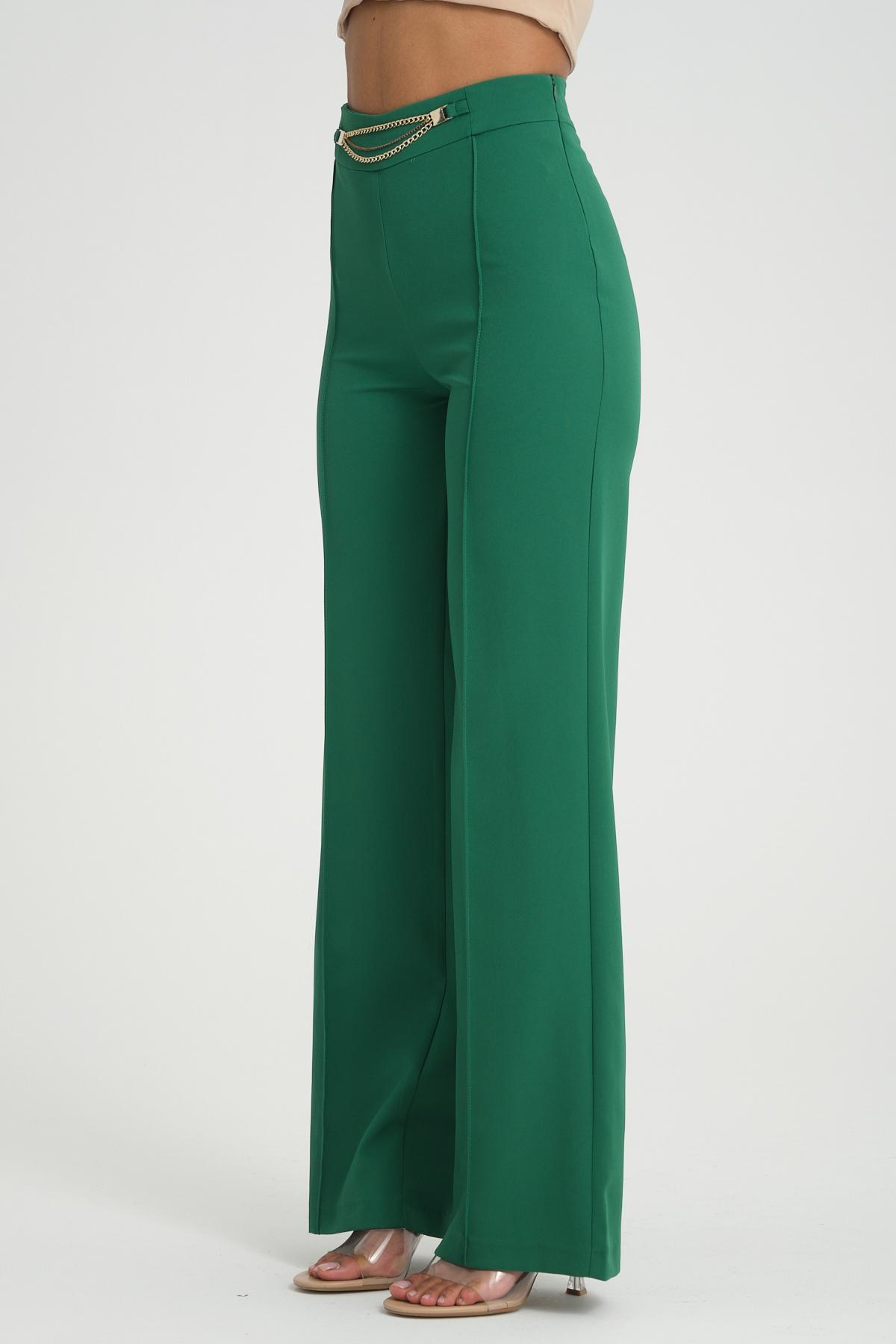 Women wide leg pants with chain detail Plus size wholesale Emerald Green color 696865
