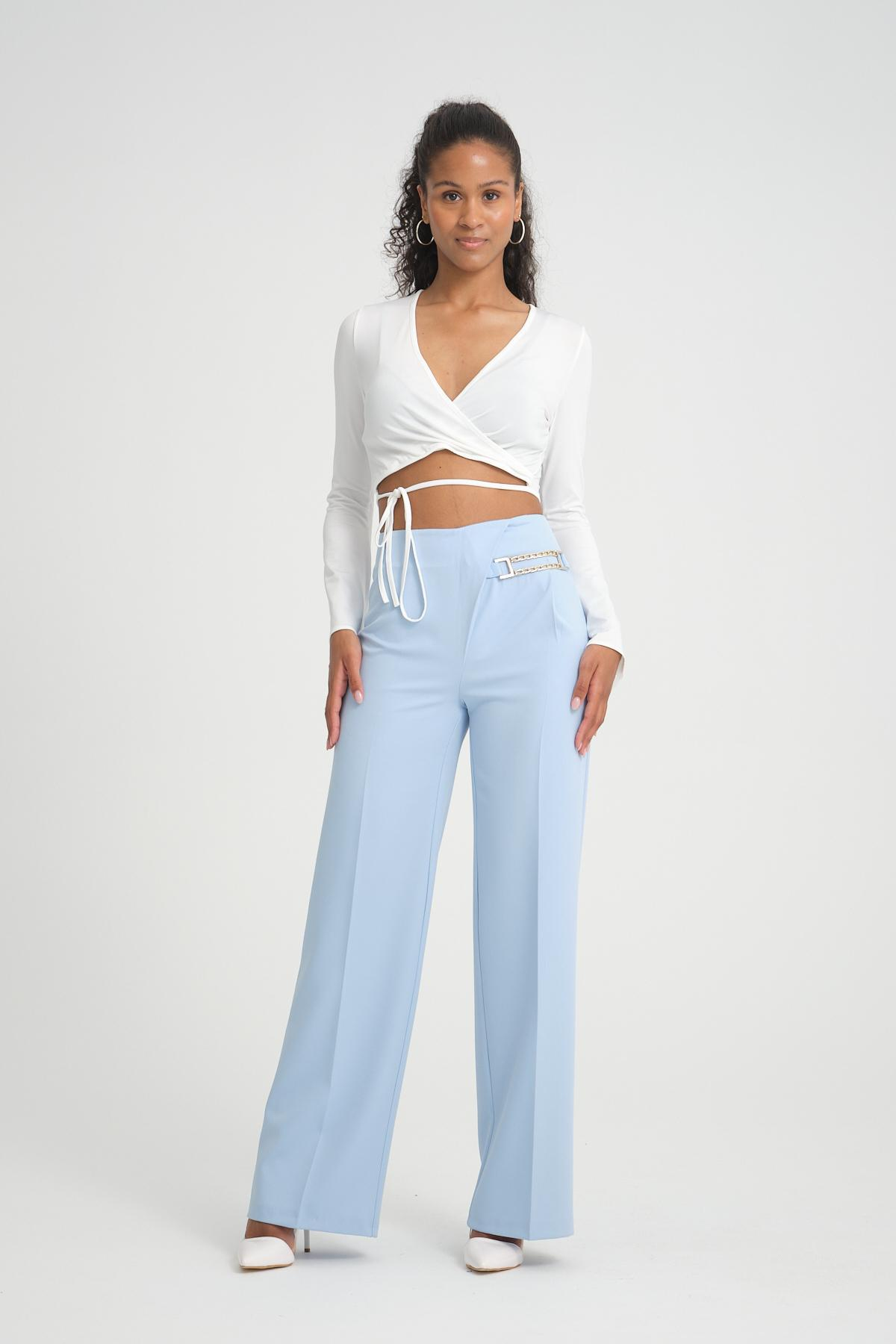 Women wide leg pants with chain detail wholesale Baby Blue color 696838