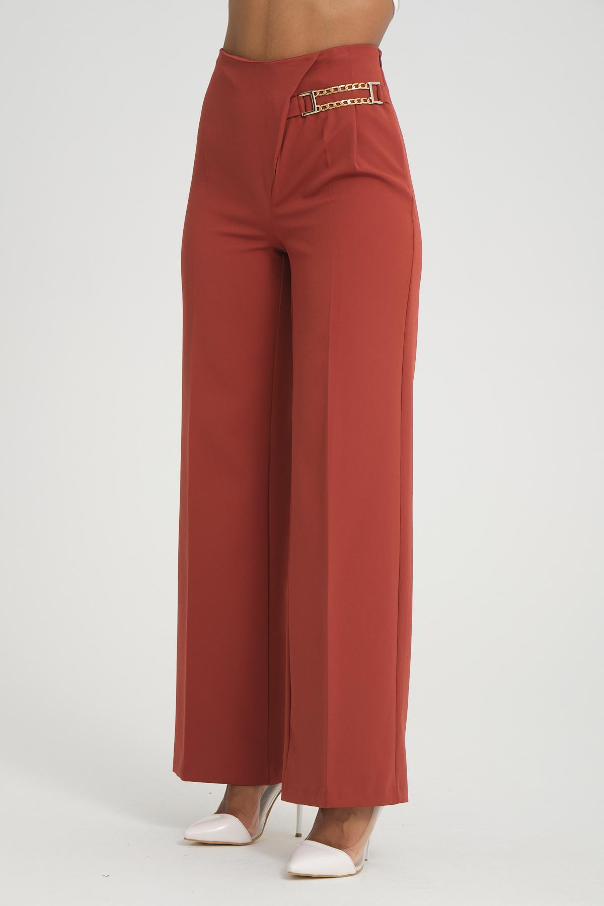 Women wide leg pants with chain detail Plus size wholesale Brick color 696844