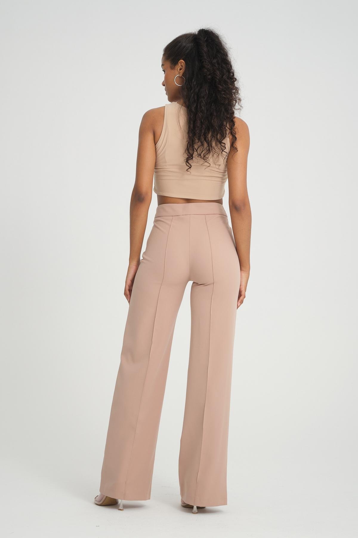 Women wide leg pants with chain detail Plus size wholesale Beige color 696864