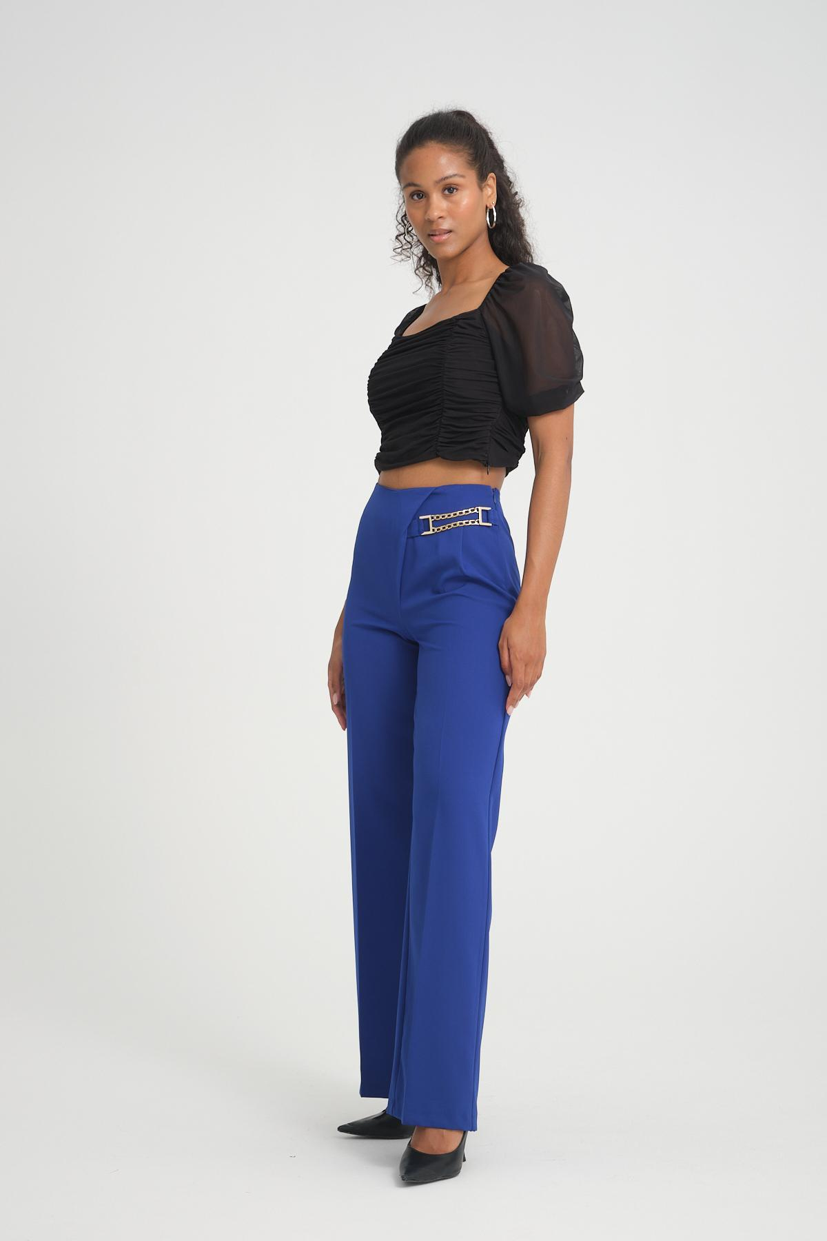 Women wide leg pants with chain detail Plus size wholesale Sax Blue color 696849