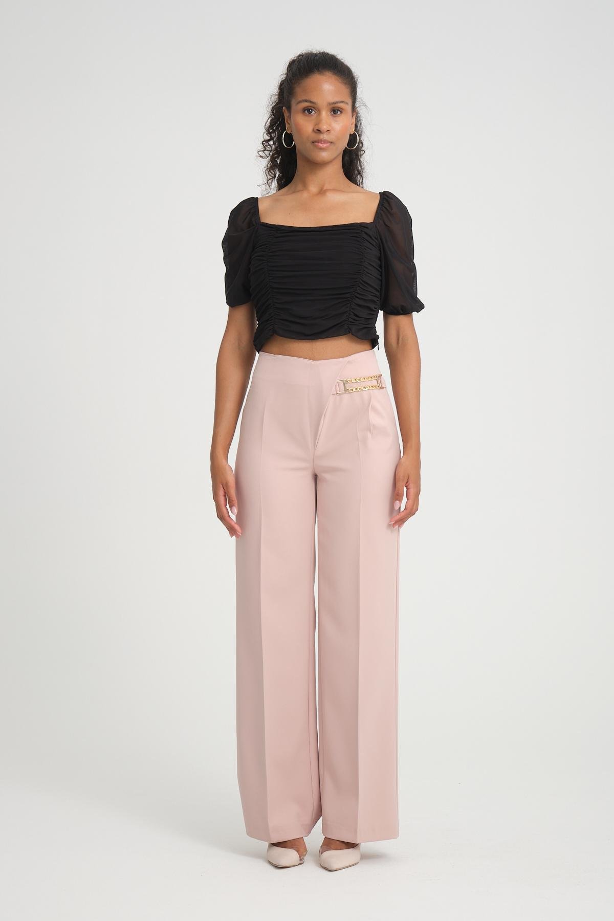Women wide leg pants with chain detail Plus size wholesale Powder color 696842