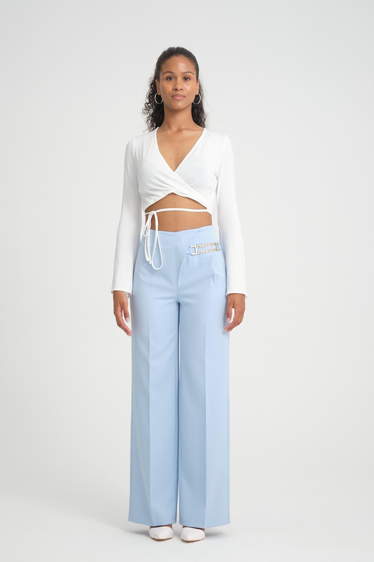Women wide leg pants with chain detail wholesale Baby Blue color 696838