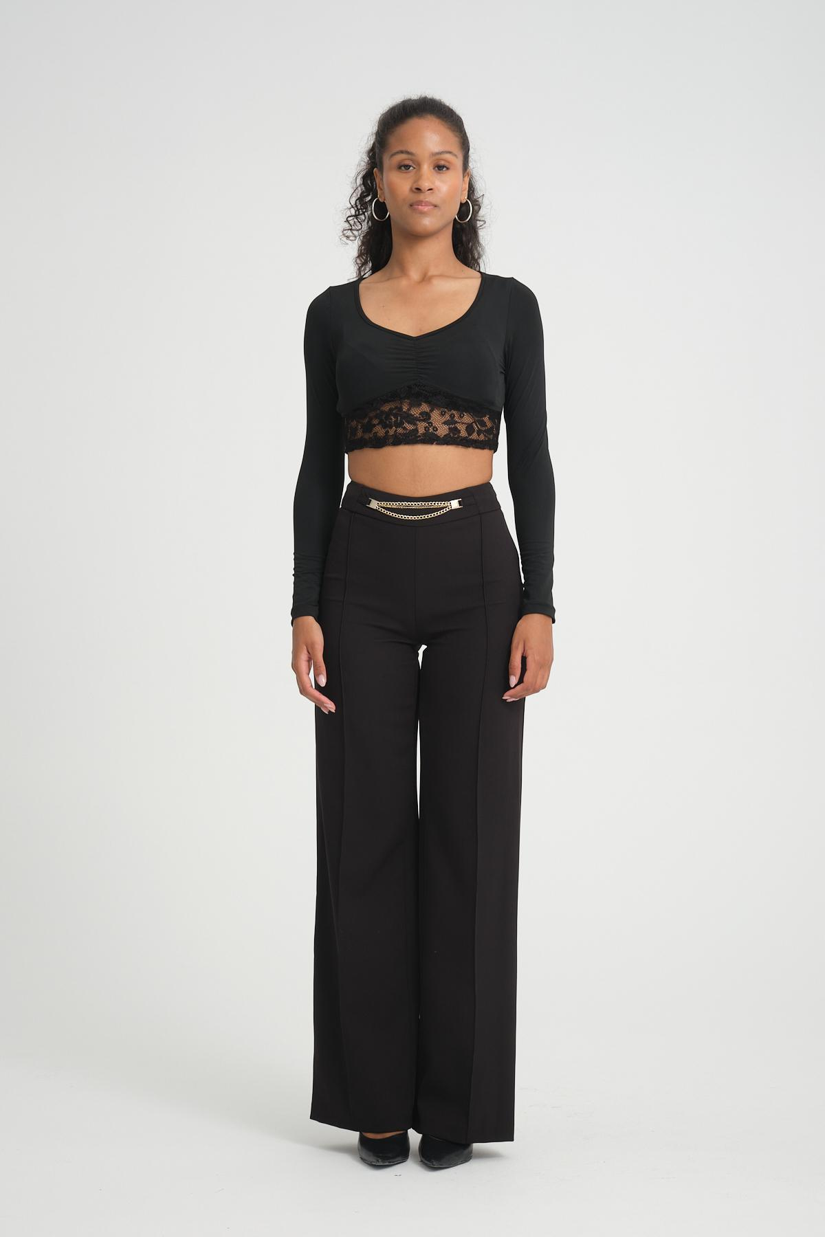 Women wide leg pants with chain detail Plus size wholesale Black color 696860