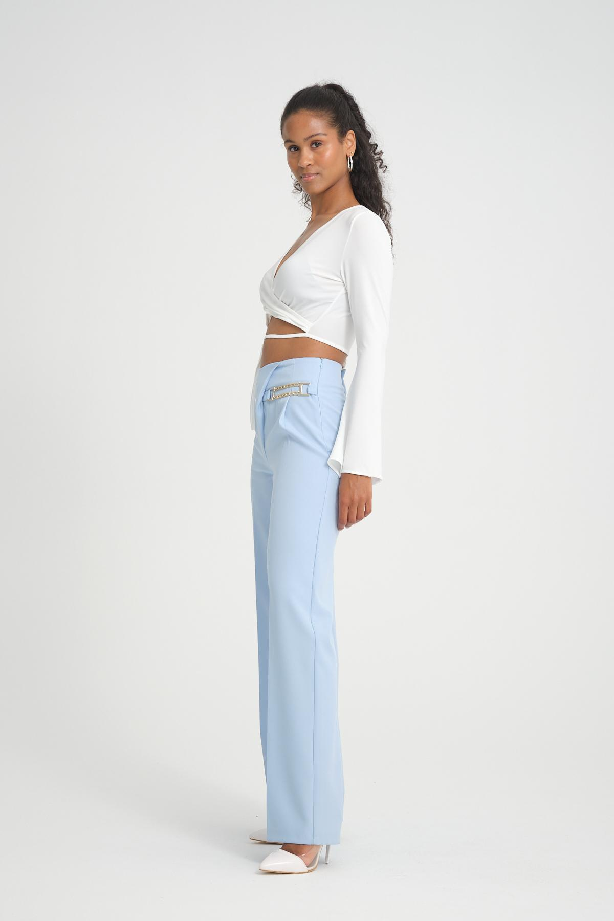 Women wide leg pants with chain detail Plus size wholesale Baby Blue color 696850