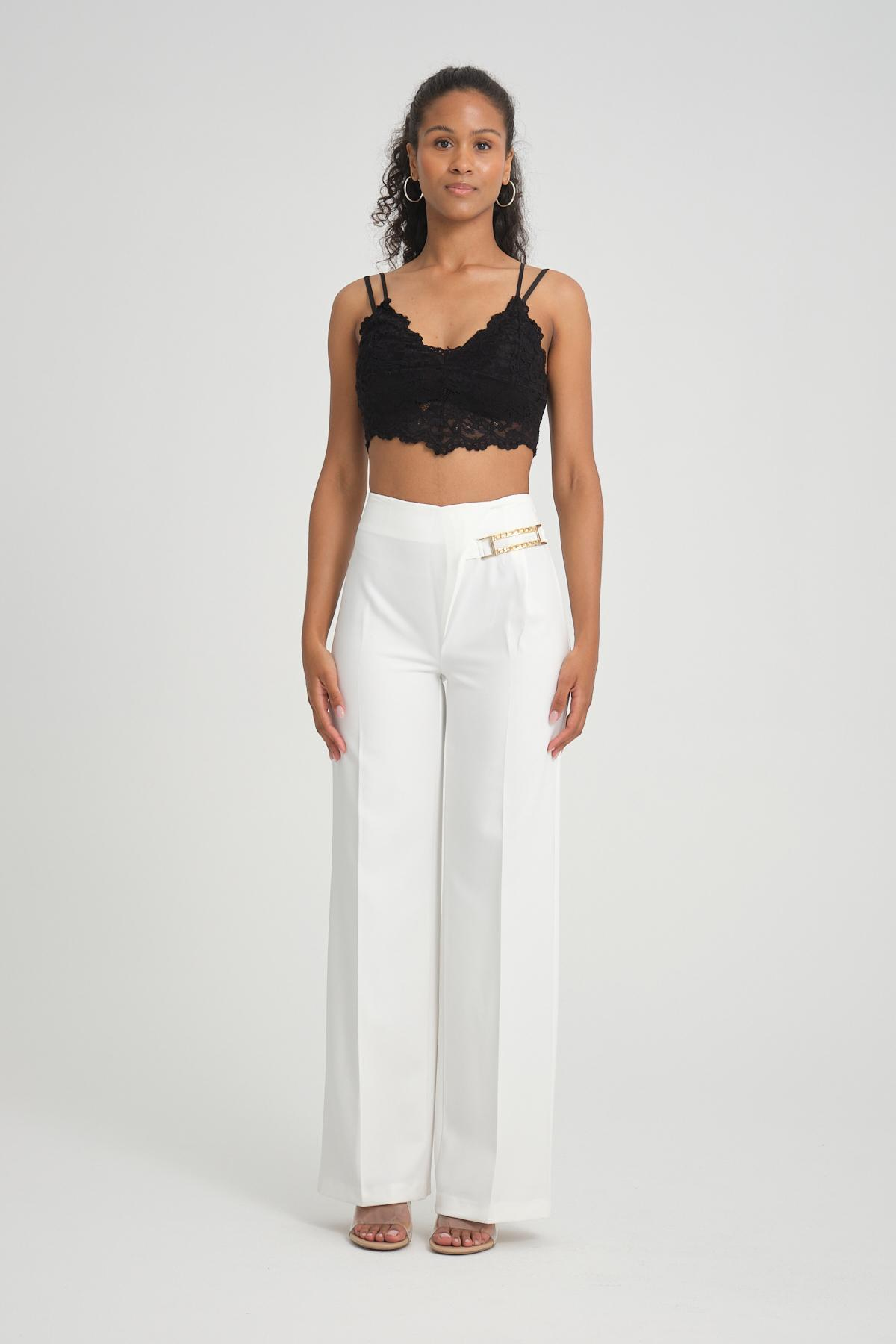 Women wide leg pants with chain detail Plus size wholesale White color 696841