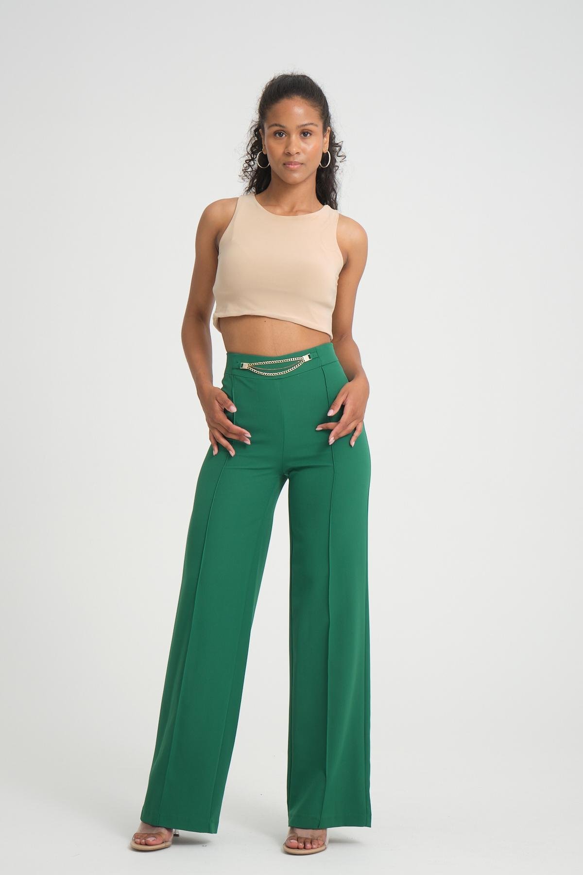 Women wide leg pants with chain detail Plus size wholesale Emerald Green color 696865