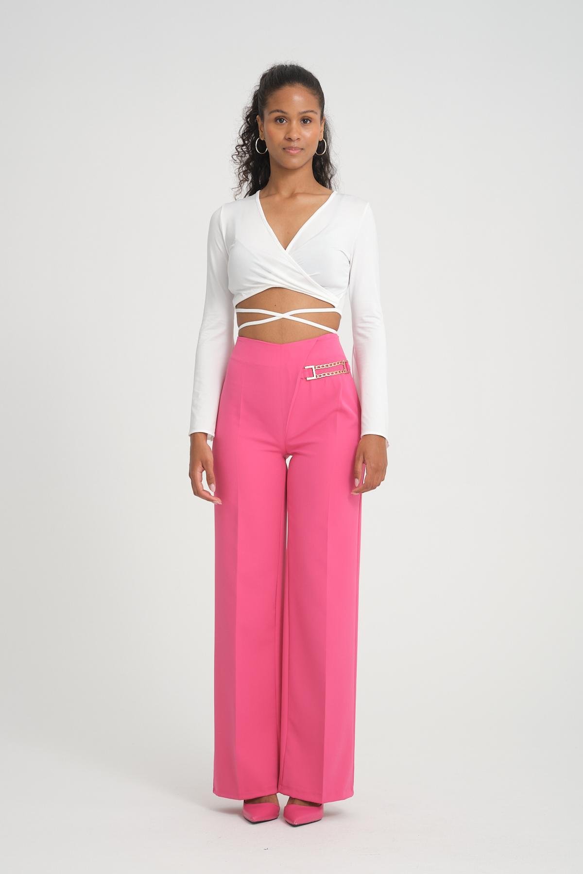 Women wide leg pants with chain detail wholesale Fuchsia color 696832
