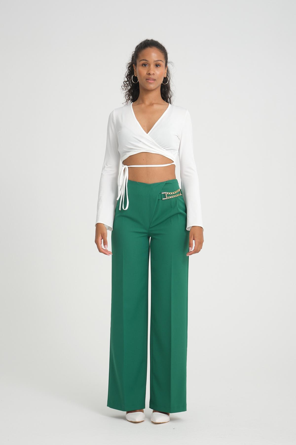 Women wide leg pants with chain detail Plus size wholesale Emerald Green color 696846