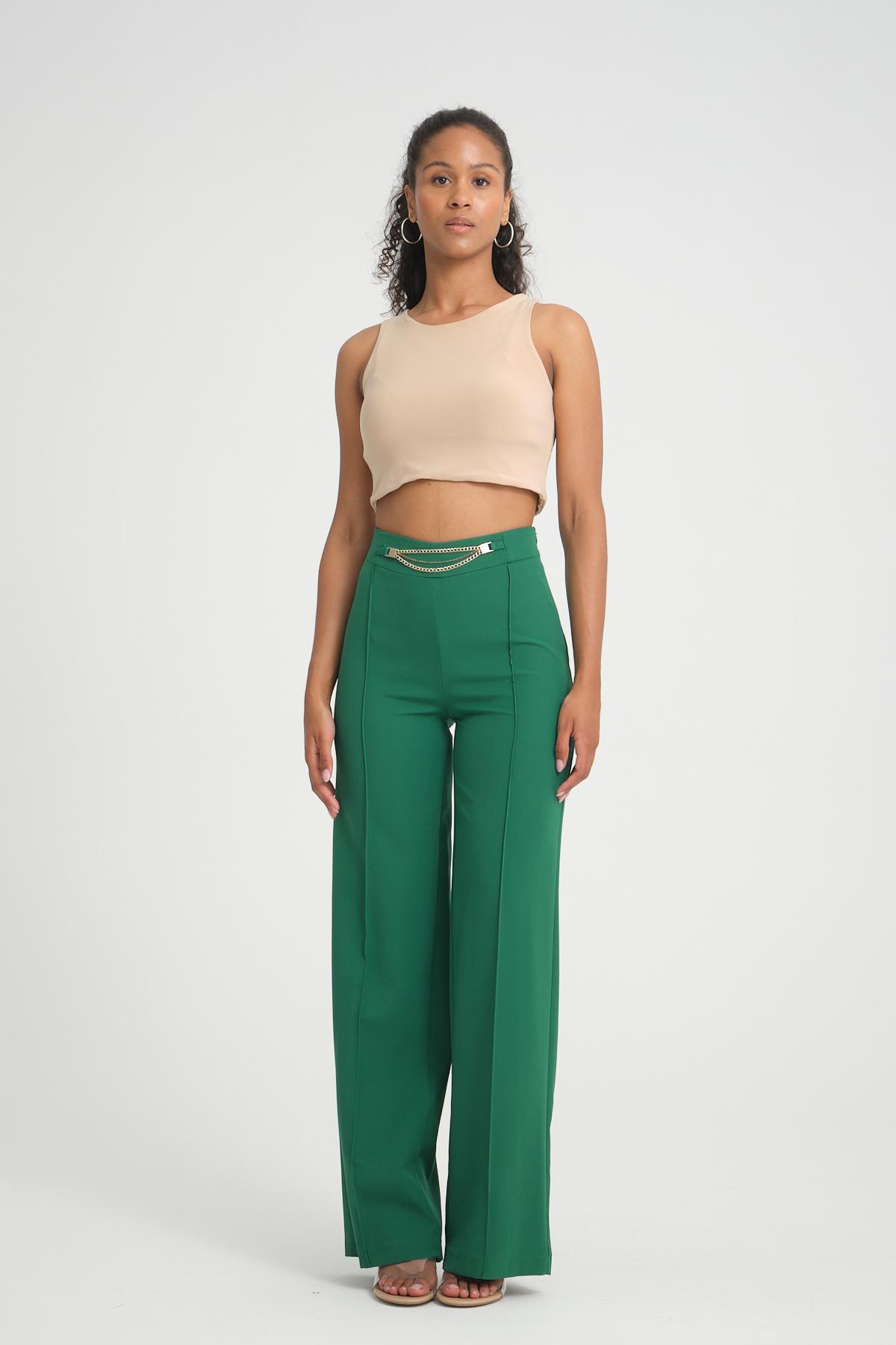 Women wide leg pants with chain detail Plus size wholesale Emerald Green color 696865