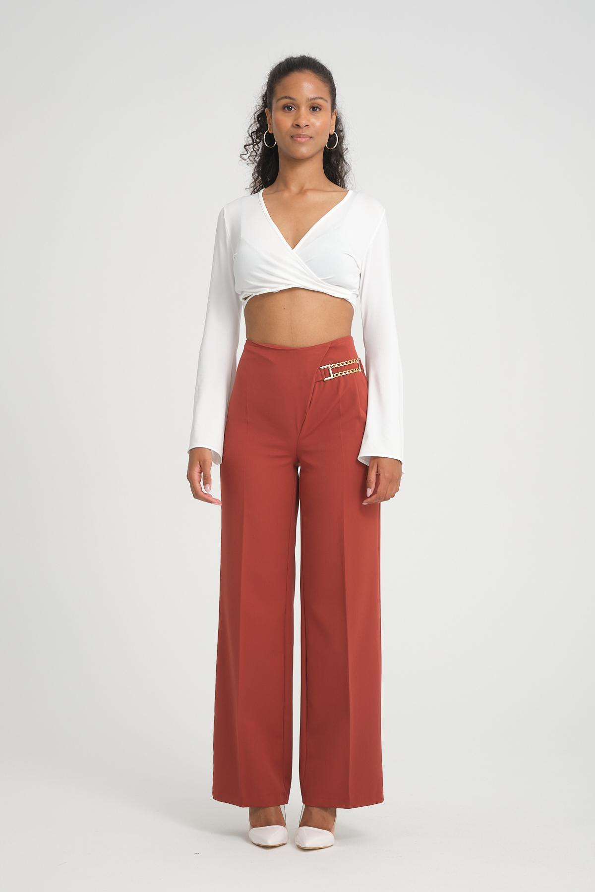 Women wide leg pants with chain detail wholesale Brick color 696833
