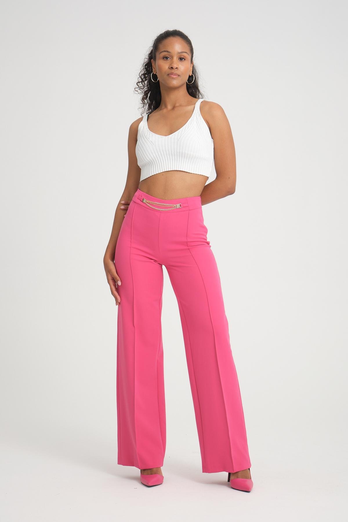 Women wide leg pants with chain detail Plus size wholesale Fuchsia color 696867