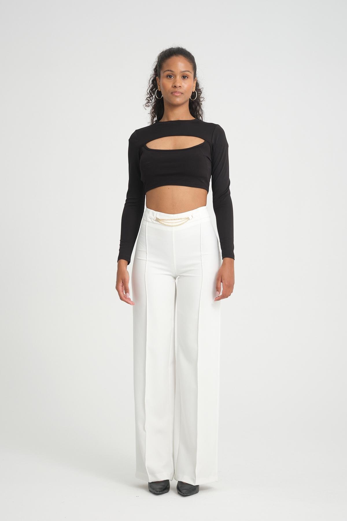 Women wide leg pants with chain detail Plus size wholesale White color 696861