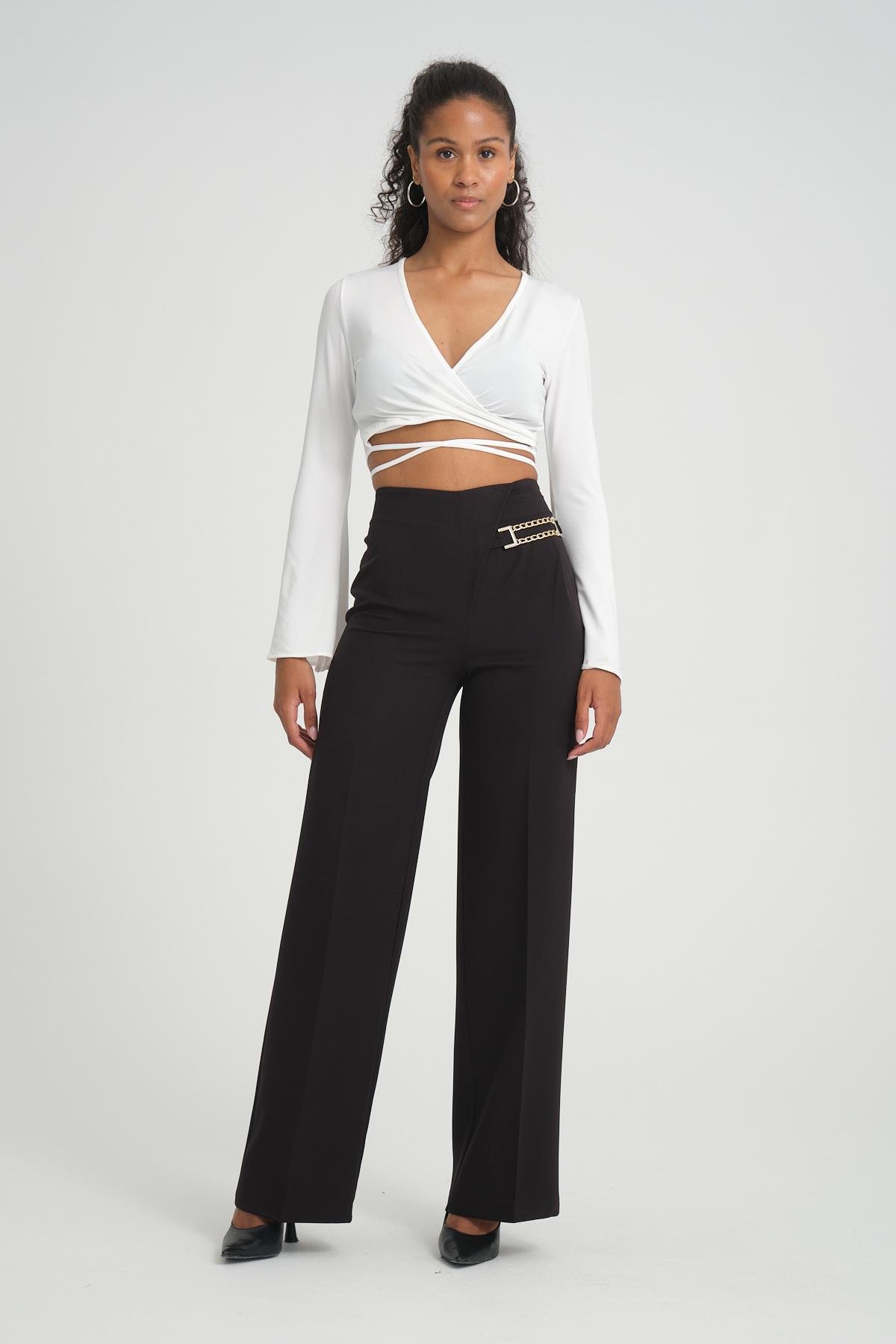 Women wide leg pants with chain detail wholesale Black color 696827